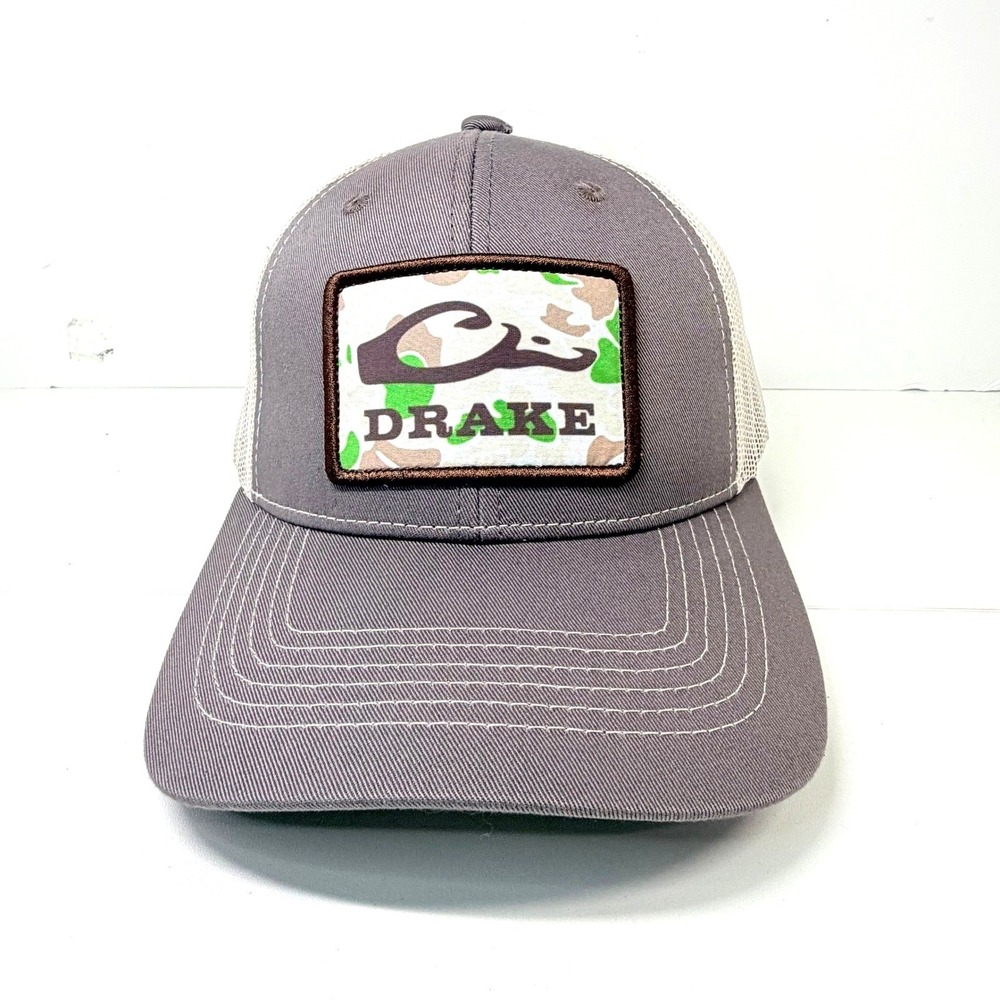Drake Waterfowl Trucker Hat Mens OSFM Gray Camo Logo Patch Hunting Snapback Cap